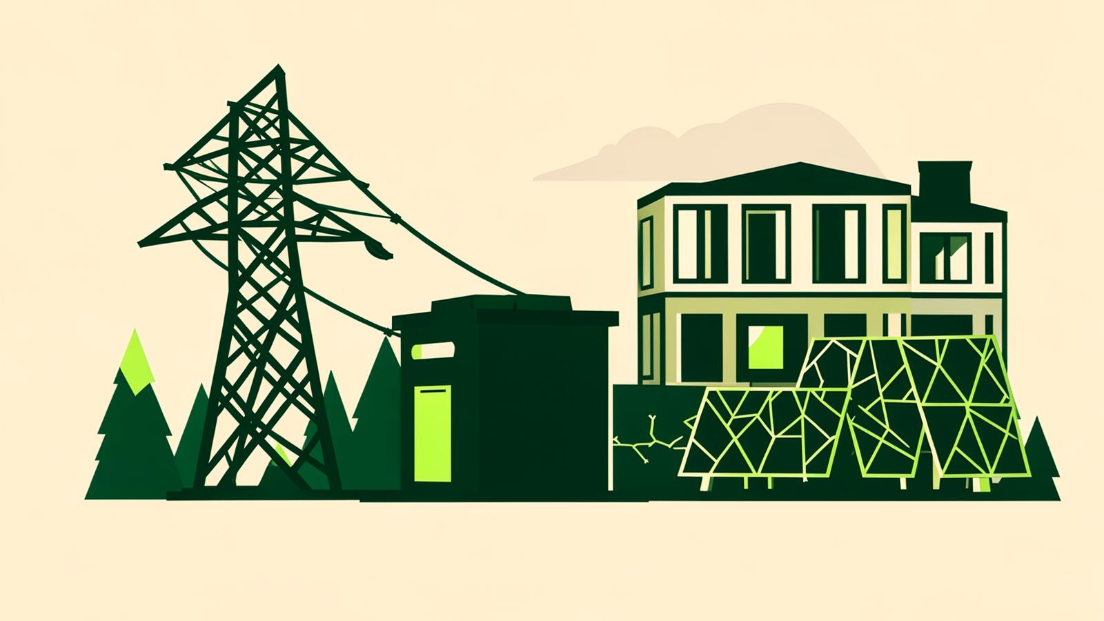 Hoogspanningsstation en zonnepanelen bij een bedrijventerrein